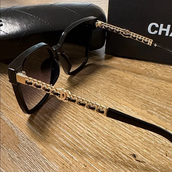 Chanel Black & Gold Leather Sunglasses - Picture 7 of 10